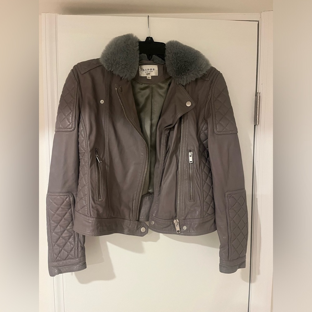 Sipos New York Genuine Lamb Leather Moto Jacket Gray Fur Collar Size Small